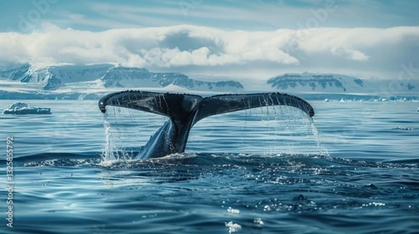 Obraz Whale Migration A whale's tail emerges from the ocean, splashing water against a serene backdrop of icy landscapes and clouds.