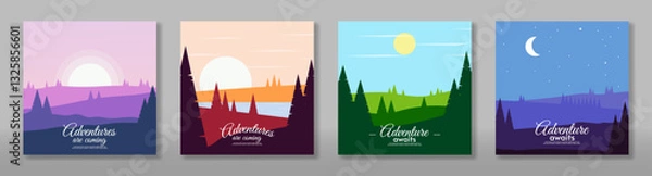 Fototapeta Set of abstract vector landscape. Flat style design. Morning, noon, evening and night. Mountains with hills and forest. Touristic card design.