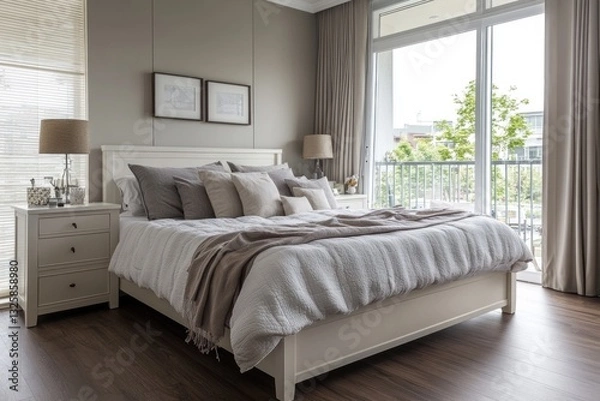 Fototapeta Luxurious bedroom with king-size bed, neutral tones, and balcony view.
