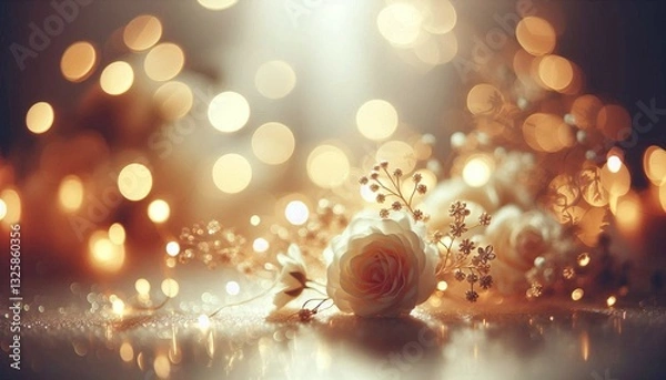 Fototapeta Golden Christmas lights sparkle with a blurred, bright glow, creating a magical holiday bokeh