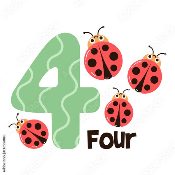 Fototapeta Vector image of the numbers four and four cute ladybugs. Math for kids
