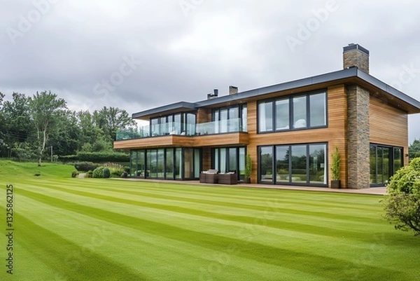 Fototapeta A Modern, Luxurious Family Home Nestled On A Sprawling Green Lawn, Boasting Expansive Windows And A Stone Chimney, Creating A Tranquil And Inviting Atmosphere