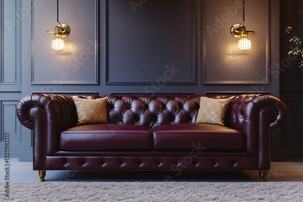 Obraz A Regal Burgundy Leather Chesterfield Sofa, Elegantly Placed In A Dimly Lit Room, Exudes Timeless Sophistication With Warm Golden Accents And Soft Lighting