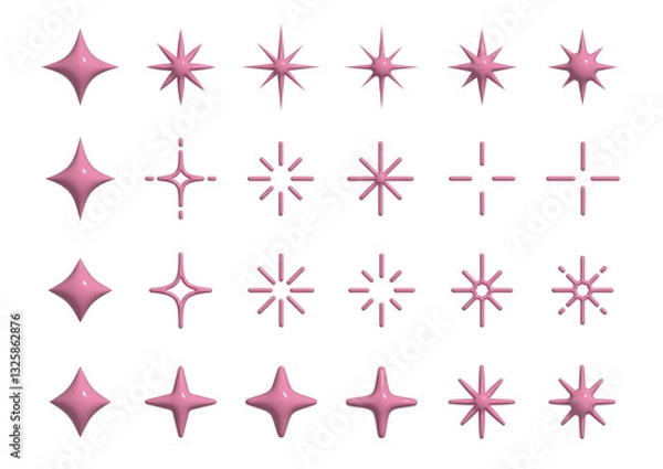 Fototapeta ぷっくりしたキラキラマークのセット　光　アイコン　ピンク