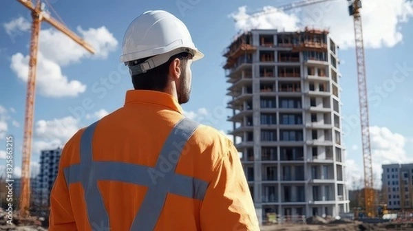 Obraz Construction Worker Observing Building Site with Cranes and Developing Structure in Background
