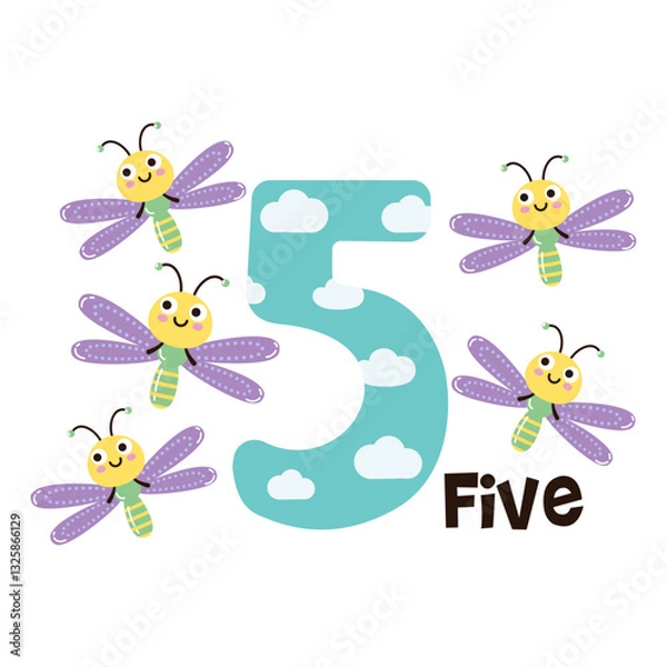 Fototapeta Vector image of the numbers five and five cute dragonflies. Math for kids