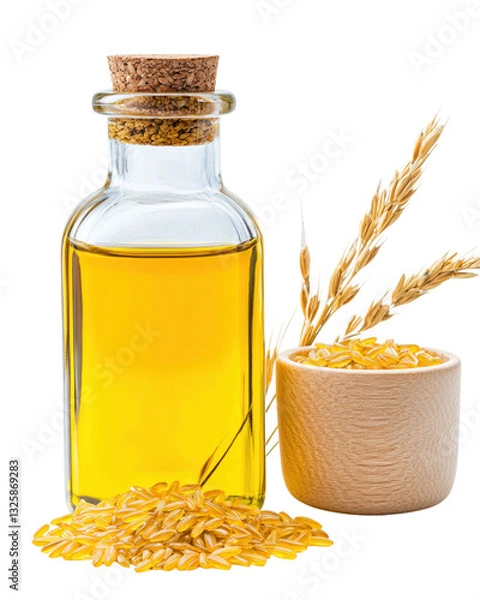 Obraz isolated transparent Background. Golden rice bran oil in glass bottle with cork, surrounded by rice grains and stalks