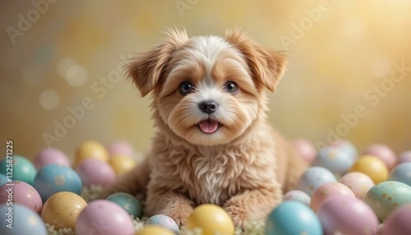 Fototapeta Adorable Puppy with Pastel Easter Eggs - Pastel colors
