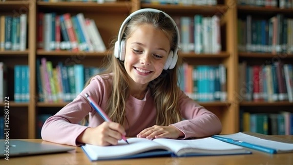 Fototapeta A young girl wearing headphones is sitting at a desk in a library, smiling as she writes in her notebook with a pencil. The background features a bookshelf filled with books.