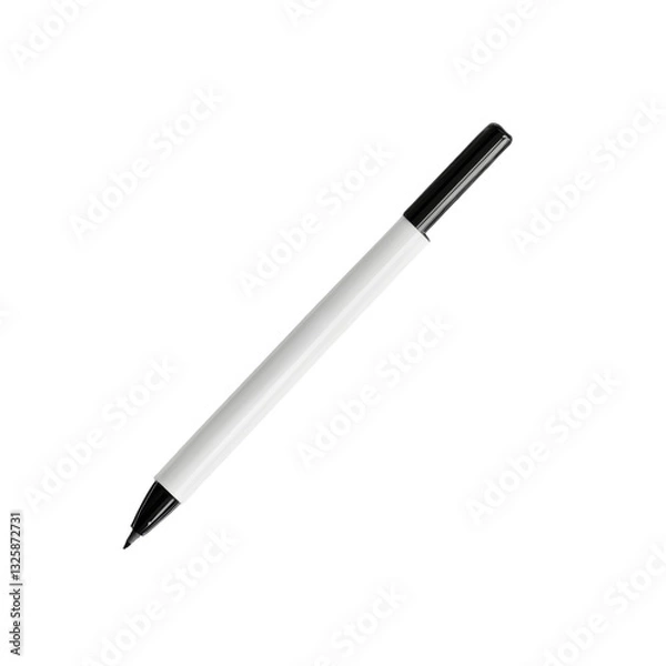 Fototapeta A sleek white pen with a black cap is showcased against a solid black backdrop, emphasizing its design. This stylish writing tool represents creativity and precision in writing.