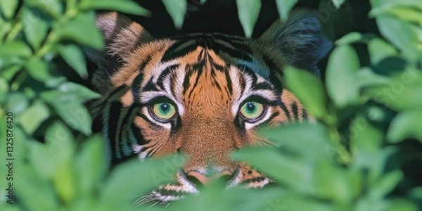 Fototapeta A tiger peers through dense green foliage, showcasing its striking eyes and unique fur patterns in a natural habitat.