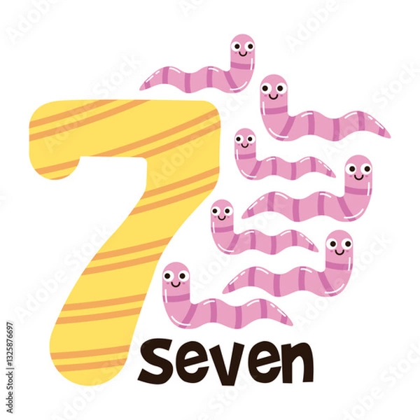 Fototapeta Vector image of the numbers seven and seven cute worms. Math for kids