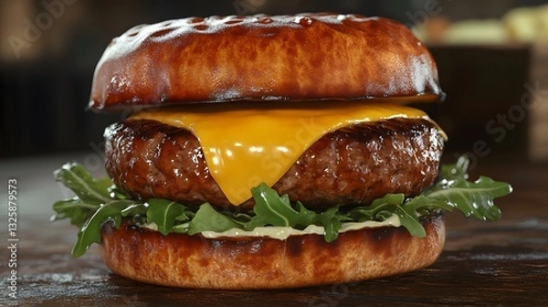 Fototapeta A modern burger with a juicy patty, melted cheddar, and fresh greens on a perfectly toasted bun, rendered in ultra HD quality.