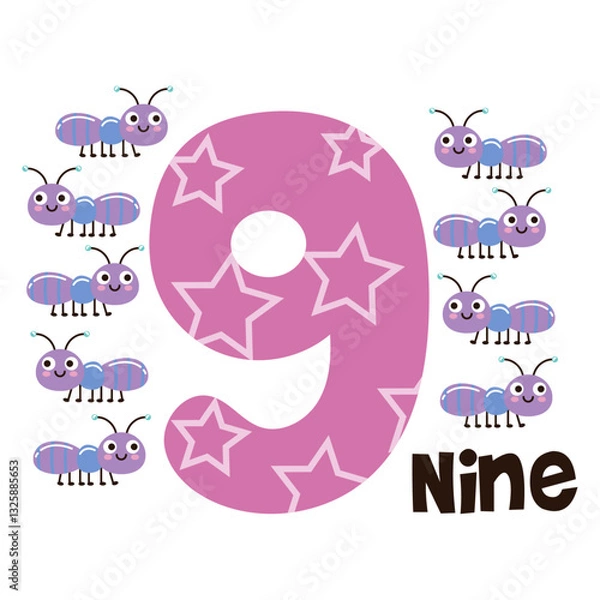 Fototapeta Vector image of the numbers nine and nine cute ants. Math for kids
