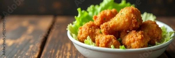 Fototapeta Crispy golden fried chicken pieces in a white bowl with lettuce garnish on a rustic wooden table, background, garnish