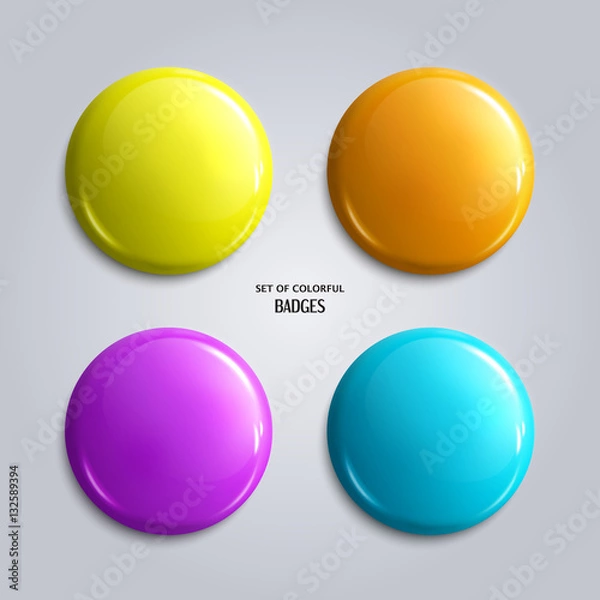Fototapeta Vector set of blank, colorful glossy badges or web buttons. Four bright colors, yellow, orange, blue and purple. Vector.