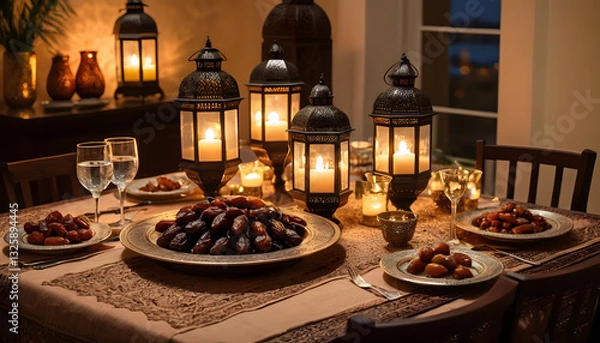 Fototapeta A beautifully decorated table set for Iftar with dates, water, and traditional Middle Eastern dishes, with warm lantern lights in the background.
