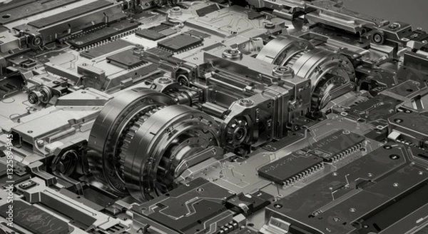 Obraz Intricate Mechanical Gears and Circuitry: A Detailed 3D Render of Complex Engineering