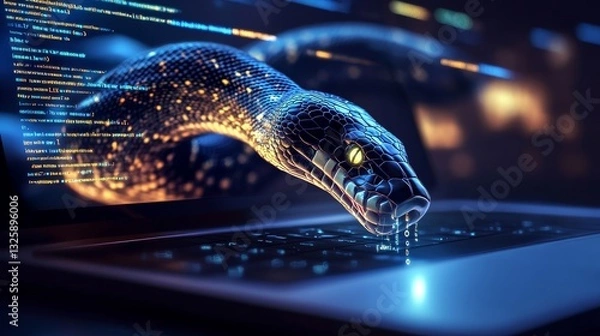 Fototapeta python code with a digital snake out of the laptop screen, programming, representing the programming training data engineering