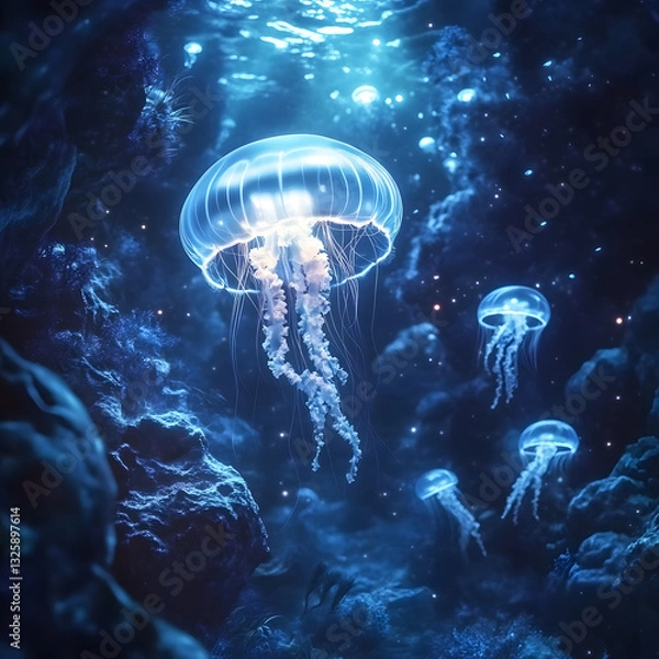 Obraz Enchanting bioluminescent jellyfish underwater scene