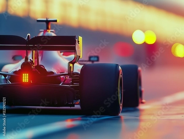Fototapeta Formula 1 Car with Glowing Tail Light at Pit Lane During Sunset, Close-Up Rear View of Racing Vehicle in Intense Motorsport Moment