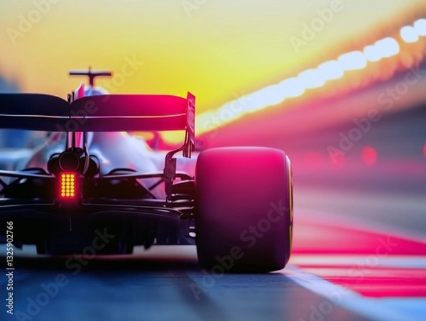 Fototapeta Formula 1 Car Exiting Pit Lane at Sunset with Glowing Tail Light, Rear View of High-Speed Racing Vehicle on Track in Motion Blur