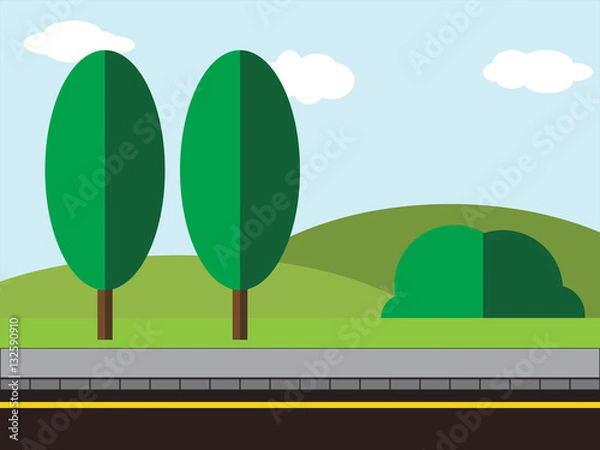 Fototapeta Simple flat road with sidewalk, trees, park and hills