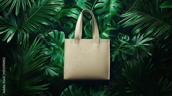 Obraz Fashionable beige tote bag mockup on a dark green background, surrounded by lush tropical leaves, creating a vibrant and exotic atmosphere for summer shopping and fashion concepts.