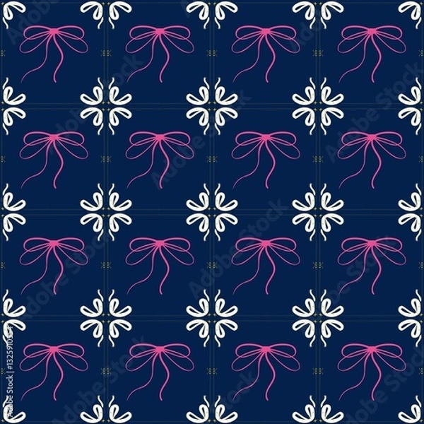 Obraz Pink Bow and White Floral Pattern on Dark Blue