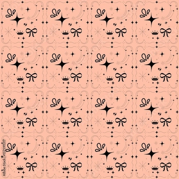 Obraz Crown, Bow, and Star Pattern on Peach Background 