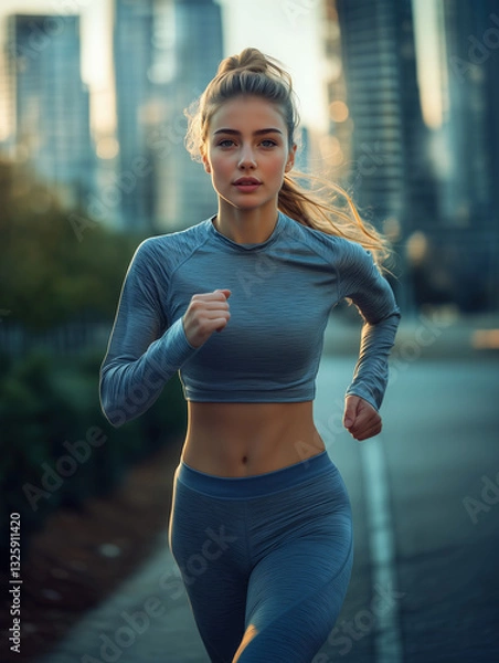 Obraz Young woman running in an urban area at morning. Ai generated.