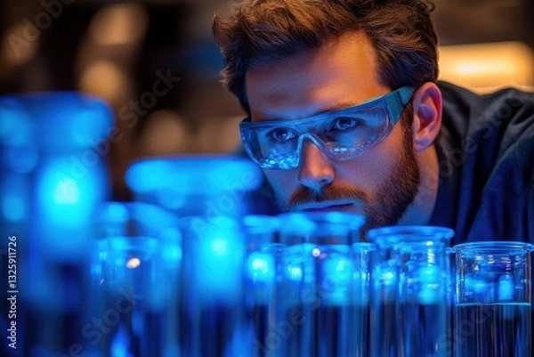 Obraz Scientist wearing goggles examines rows of blue-lit test tubes in a laboratory, showcasing research and innovation.
