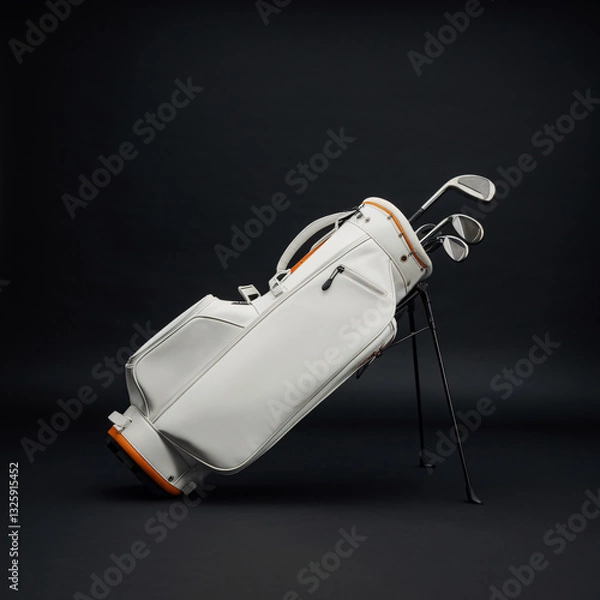 Fototapeta A white golf bag lies flat on a black background, with shiny metallic clubs protruding from the top and white-orange striped bottom visible.