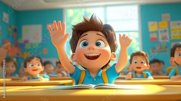 Fototapeta 3d render of a children raising hands in class room.