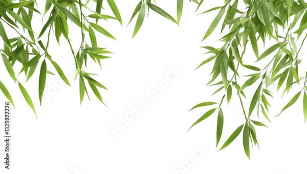 Fototapeta a serene composition featuring vibrant green bamboo leaves against a white background ideal for nature-themed designs or backgrounds