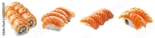 Fototapeta Salmon sushi isolated on transparent background, PNG, Set of