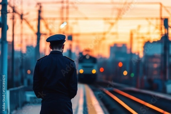 Fototapeta Police Officer Standing on Train Platform at Dusk with Soft Sunset Background
