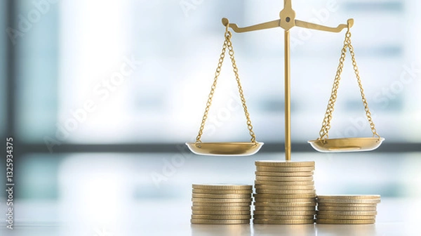 Fototapeta A balancing scale with coins symbolizing financial balance and wealth management, representing the importance of stability and financial decision-making in a dynamic economy.
