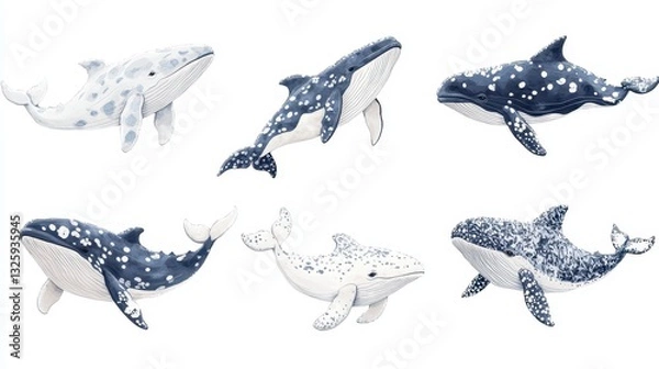 Fototapeta Stylized Blue And White Pixel Whales Swimming On White Background