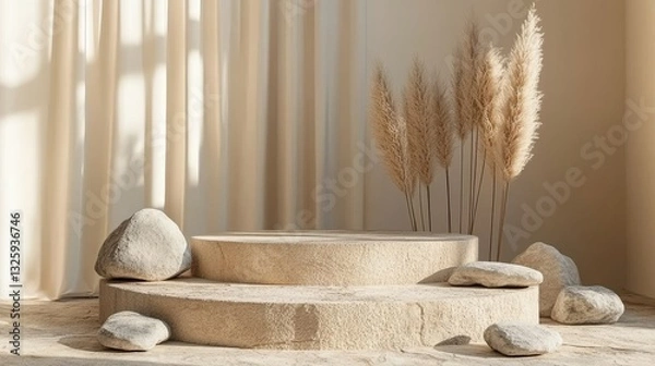 Fototapeta A premium paper podium displayed against a gentle pastel backdrop featuring branches, leaves, pebbles, and natural stones, suitable for exhibitions, product presentations, and wellness and relaxation