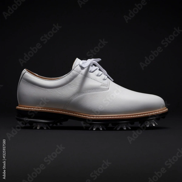 Fototapeta A white golf shoe with a clean leather upper and black rubber sole is displayed against a black background, highlighting its classic design and tied laces.