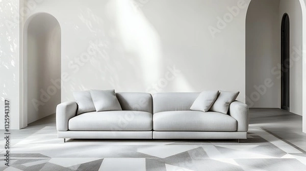 Obraz Serene Sanctuary A Plush, Light Grey Sofa Rests Invitingly In A Minimalist, Sun-drenched Room With A Geometric Rug