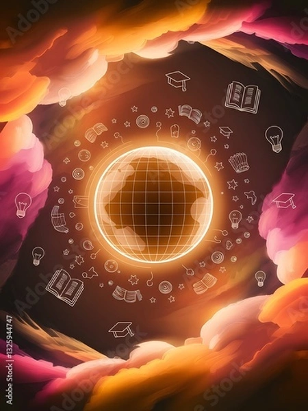 Obraz Globe with Floating Educational Icons Around It, Representing Global Learning
