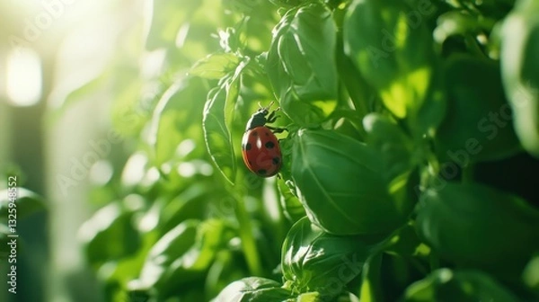 Fototapeta Ladybug on Basil Plant in Sunlight