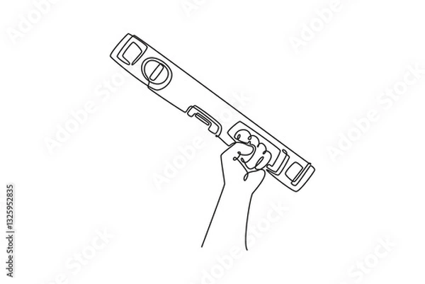 Fototapeta Continuous one line drawing hand of professional male carpenter holding water level meter or spirit level tool in wood workshop. Handyman on duty. Single line draw design vector graphic illustration