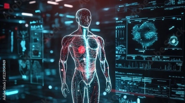Fototapeta A cutting-edge medical interface with a digital human body and floating health metrics like temperature and blood pressure, highlighting futuristic healthcare technology