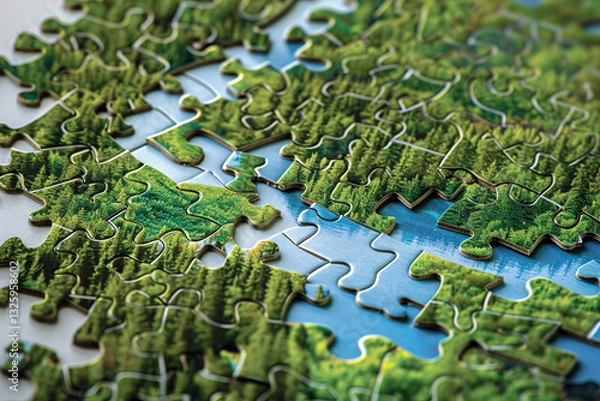 Fototapeta A jigsaw puzzle of a forest with a river in the middle. The puzzle is missing a piece