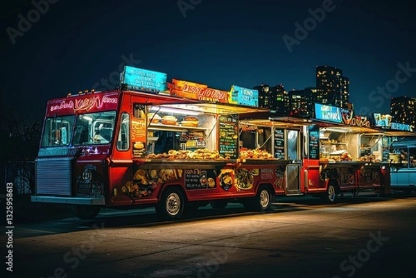 Fototapeta A vibrant and bustling street food scene at night with multiple food trucks offering diverse cuisines, set against an urban skyline filled with twinkling lights and a dark sky.