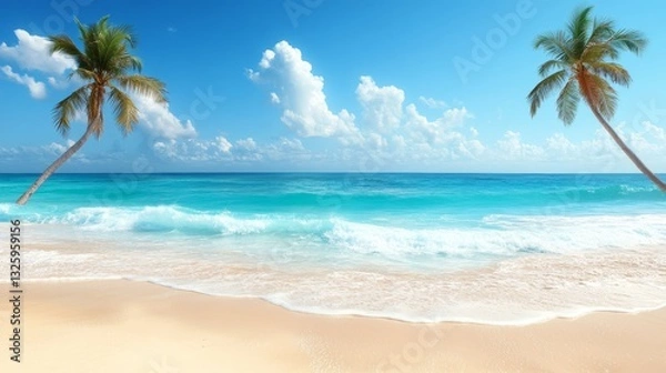 Fototapeta A tropical paradise where palm trees frame the calm ocean waves beneath a bright, sunny sky