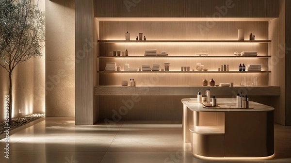 Fototapeta Sleek, natural-tone bathroom with movable wooden shelving and soft lighting.